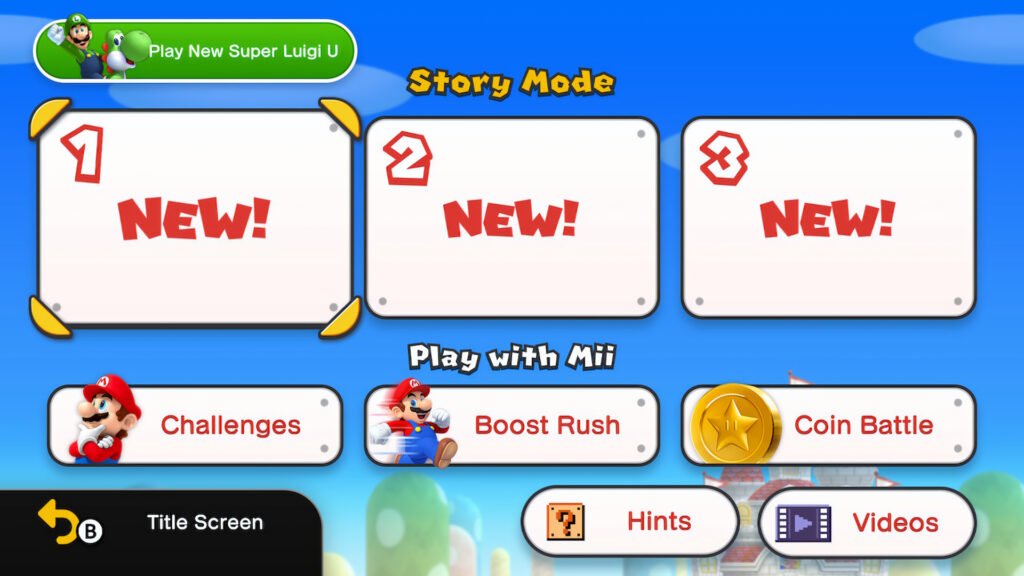 New Super Mario Bros. U Deluxe Review — Is It Worth It in 2026? 1 main menu showing both New Super Mario Bros. U and New Super Luigi U options